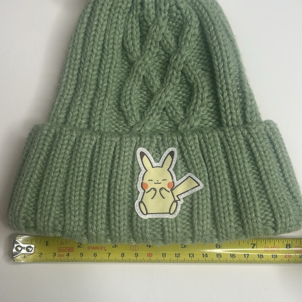 Youth Pokémon Pikachu Green and White Cable Knit Beanie with Pom Pom, Sz. OSFM - Picture 3 of 8